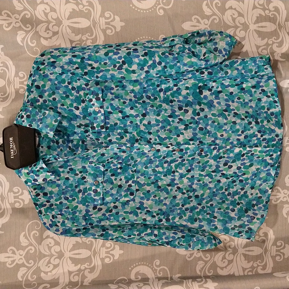 Rebecca Malone Blouse Sz PS Watercolor Dot Pattern in Blues *Final Sale*